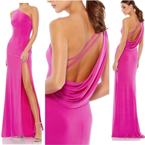 NWT MAC DUGGAL Bubblegum Pink Jersey One Shoulder Draped Back Gown Size 4. $298 - Picture 1 of 7